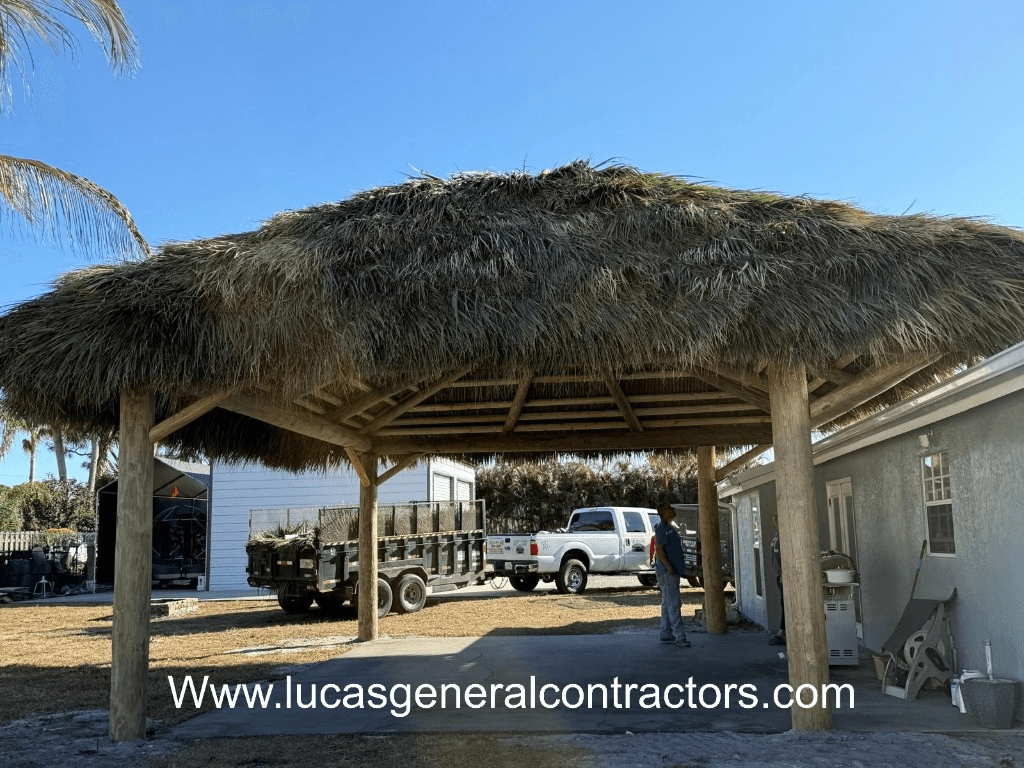 Wooden gazebo frame under construction