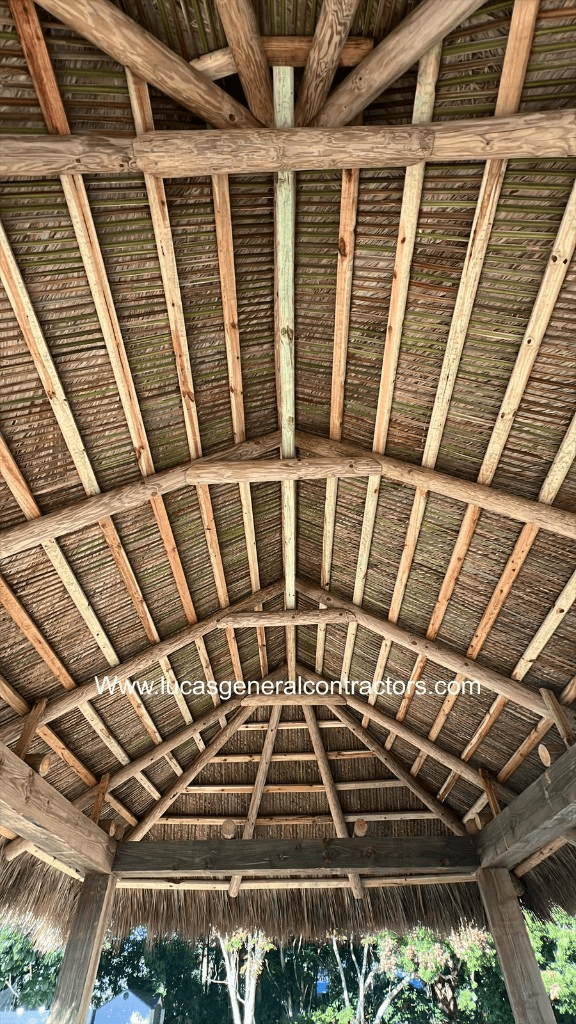 Hexagonal tiki hut with thatched roof